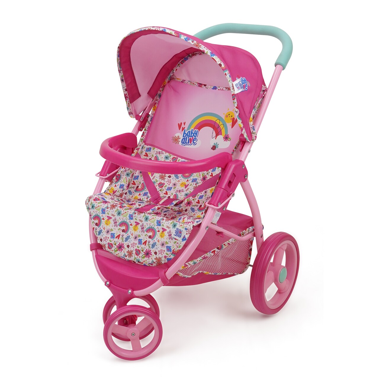 Baby Alive: Doll Jogging Stroller - Pink & Rainbow - Fits Dolls Up To 24", Retractable Canopy, Front Bumper Bar, Swivel Wheels, Safety Harness, For Dolls Plushes & Stuffed Animals, Pretend Play For Kids Ages 3+